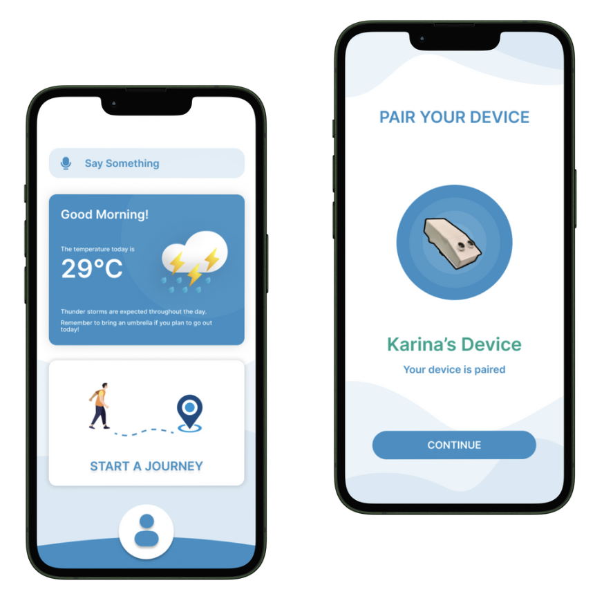 Screenshot of the SafeStride mobile app displaying the device pairing screen with “Karina’s Device” and a ‘Continue’ button.
